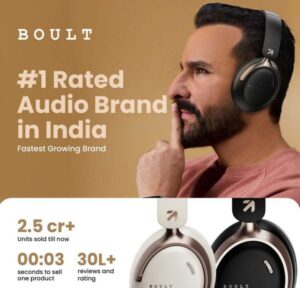 Boult Soniq हेडफोन पहने हुए व्यक्ति, आरामदायक फिट दिखाते हुए